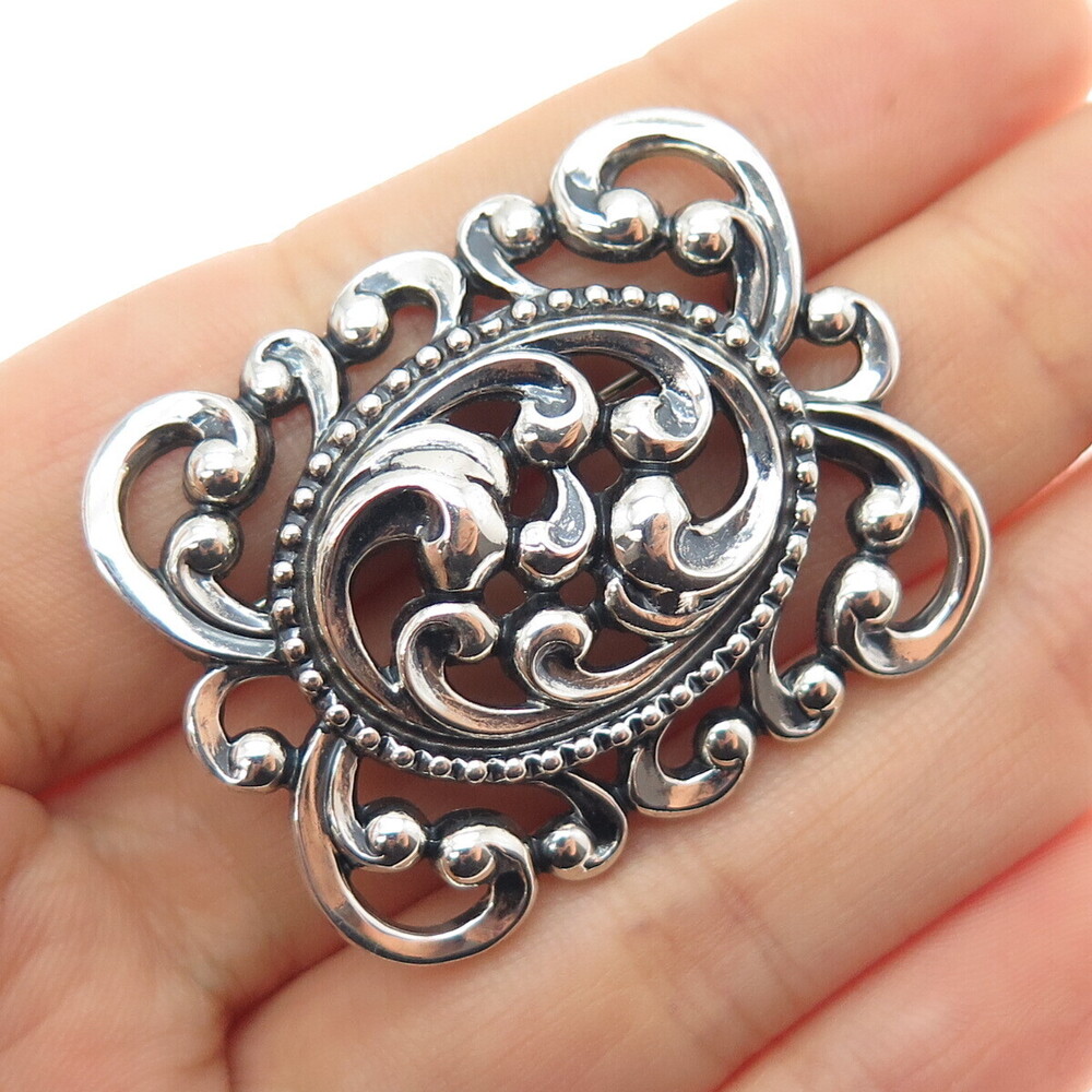 DANECRAFT 925 Sterling Silver Antique Art Deco Swirl Oxidized Pin Brooch